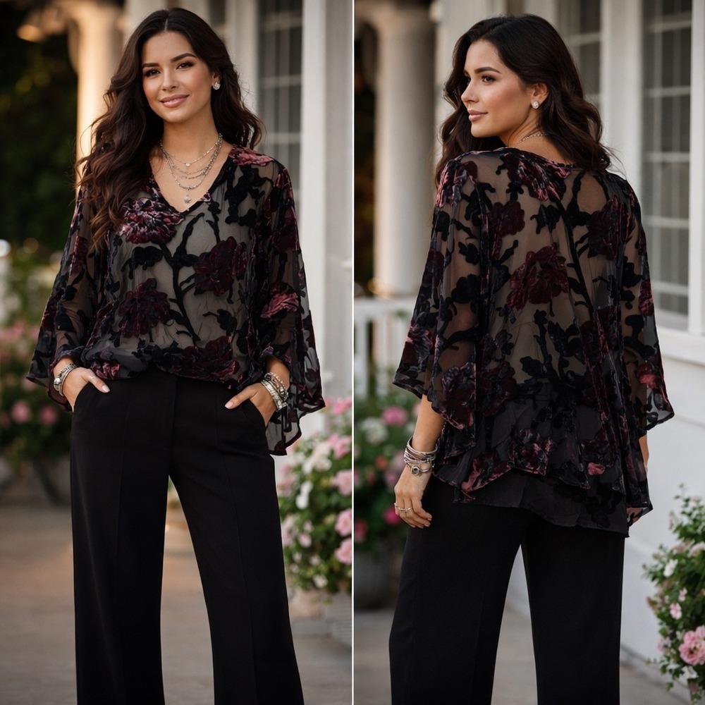 Karen Kane Whimsigoth Sheer Chic Velvet Floral Fairy Burnout Bell Sleeve Small